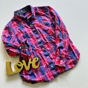 Tommy Hilfiger. Pink and blue plaid roll tab sleeve button down cotton s…